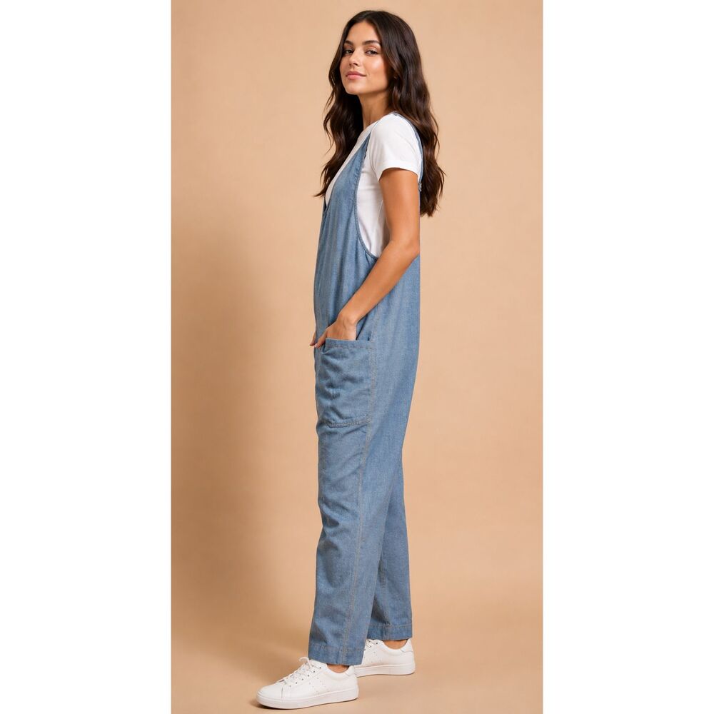 New GIGIO L 12 14 Blue Cotton Chambray Jumpsuit Front Pockets Adjustable Straps - Picture 4 of 9
